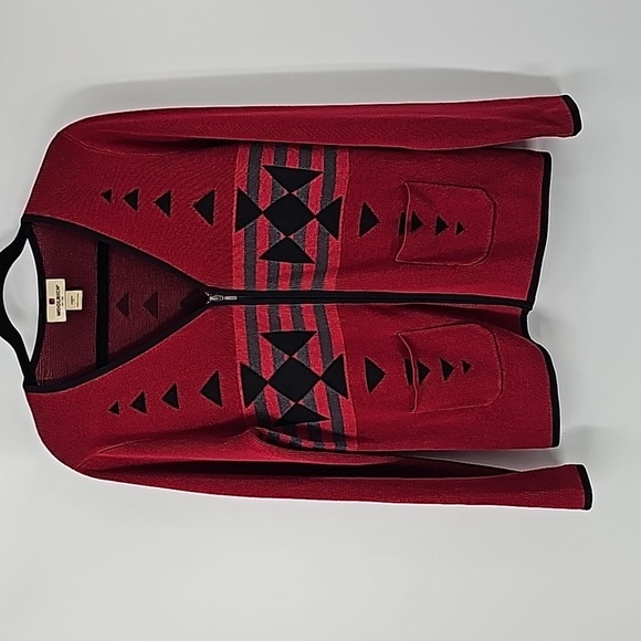 Woolrich Elegant Ruby Red Aztec Design Zip Front Sweater - Picture 12 of 16